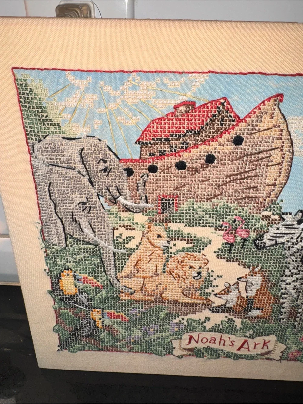 Noah's Ark Cross Stitch Wall Art - Cream Background with Multicolor Animals
